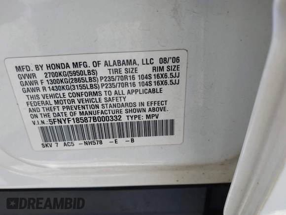 2007 Honda Pilot EX-L with VIN 5FNYF18587B000332, listed as a IAAI auction lot 42403191 with 192,771 mi miles and . Bid and sale history available at DreamBid. Image 9.
