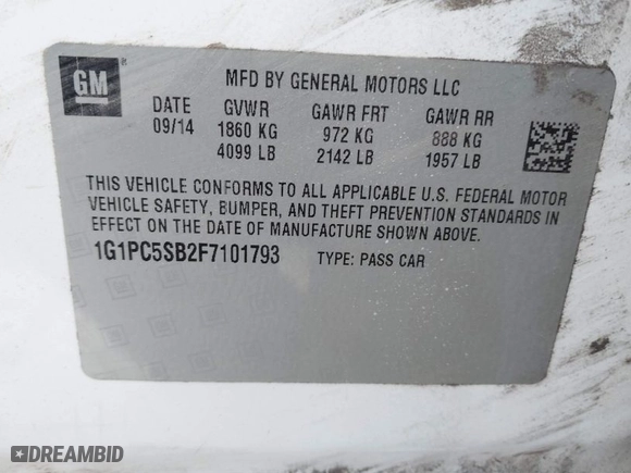 2015 Chevrolet Cruze LT with VIN 1G1PC5SB2F7101793, listed as a IAAI auction lot 41641996 with 134,666 mi miles. Bid and sale history available at carsss.com. Image 9.