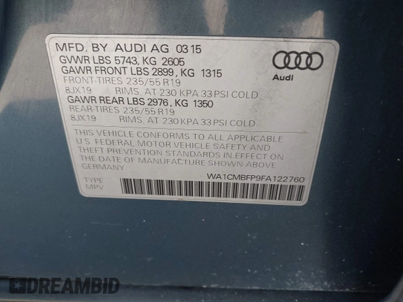 2015 Audi Q5 Premium Plus z VIN WA1CMBFP9FA122760, wystawiony jako IAAI lot #41717164 z przebiegiem 174 216 mil mil oraz . Historia ofert i sprzedaży dostępna na DreamBid. Obrazek 9.