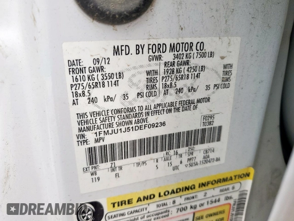 2013 Ford Expedition XLT z VIN 1FMJU1J51DEF09236, wystawiony jako Copart lot #57498685 z przebiegiem 266 883 mil mil oraz Szkoda całkowita • Salvage title. Historia ofert i sprzedaży dostępna na DreamBid. Obrazek 13.
