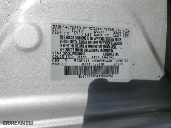 2014 Nissan Versa S with VIN 3N1CN7AP5EK444898, listed as a Copart auction lot 47608645 with 137,306 mi miles and Salvage Title. Bid and sale history available at carsss.com. Image 13.