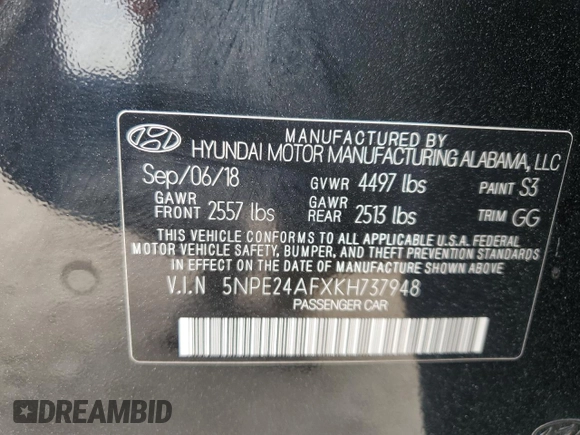 2019 Hyundai Sonata SE with VIN 5NPE24AFXKH737948, listed as a Copart auction lot 54178415 with 51,004 mi miles and Clean Title. Bid and sale history available at DreamBid. Image 12.