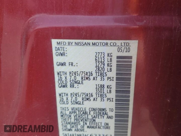 2010 Nissan Pathfinder SE with VIN 5N1AR1NB3AC623361, listed as a Copart auction lot 59786565 with 190,695 mi miles and Salvage title. Bid and sale history available at DreamBid. Image 13.