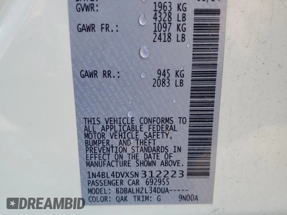 2025 Nissan Altima SV z VIN 1N4BL4DVXSN312223, wystawiony jako Copart lot #60617385 z przebiegiem 16 403 mil mil oraz Czysty tytuł • Clean title. Historia ofert i sprzedaży dostępna na DreamBid. Obrazek 12.