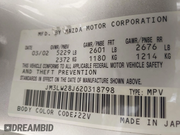 2002 Mazda MPV LX with VIN JM3LW28J620318798, listed as a IAAI auction lot 40579571 with 120,641 mi miles and . Bid and sale history available at DreamBid. Image 9.