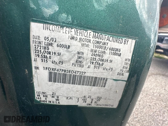 2003 Ford F-450 with VIN 1FDXF47P83ED47327, listed as a Copart auction lot 46125875 with 346,365 mi miles and Clean title. Bid and sale history available at DreamBid. Image 10.