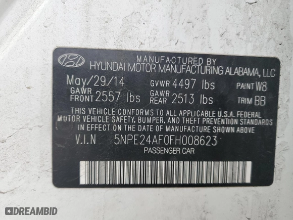 2015 Hyundai Sonata 2.4L SE with VIN 5NPE24AF0FH008623, listed as a Copart auction lot 44860945 with 143,046 mi miles and Clean Title. Bid and sale history available at carsss.com. Image 12.
