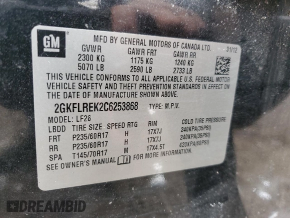 2012 GMC Terrain SLE-1 with VIN 2GKFLREK2C6253868, listed as a Copart auction lot 44208145 with 151,204 mi miles and Salvage Title. Bid and sale history available at DreamBid. Image 15.