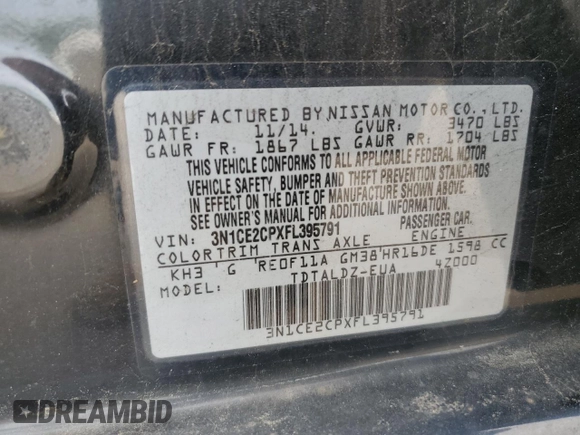 2015 Nissan Note S Plus with VIN 3N1CE2CPXFL395791, listed as a Copart auction lot 57964255 with 233,146 mi miles and Salvage title. Bid and sale history available at DreamBid. Image 12.