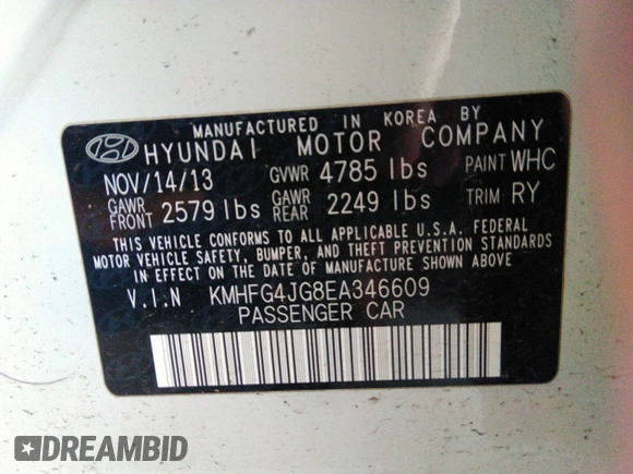 2014 Hyundai Azera with VIN KMHFG4JG8EA346609, listed as a IAAI auction lot 42010249 with 105,646 mi miles and . Bid and sale history available at DreamBid. Image 9.