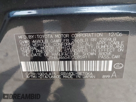 2007 Lexus ES 330 z VIN JTHBJ46G472085911, wystawiony jako IAAI lot #42486802 z przebiegiem 124 871 mil mil oraz . Historia ofert i sprzedaży dostępna na DreamBid. Obrazek 9.