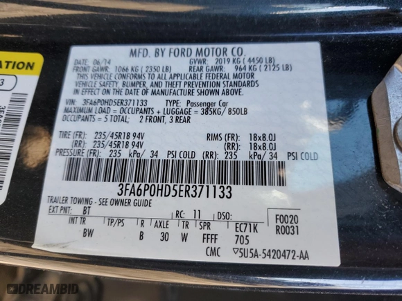 2014 Ford Fusion SE with VIN 3FA6P0HD5ER371133, listed as a Copart auction lot 50747135 with 134,093 mi miles and Salvage Title. Bid and sale history available at carsss.com. Image 13.