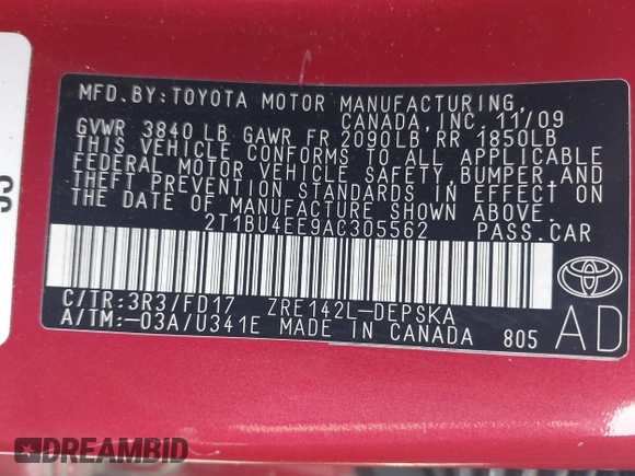 2010 Toyota Corolla with VIN 2T1BU4EE9AC305562, listed as a IAAI auction lot 42404554 with 208,837 mi miles and . Bid and sale history available at DreamBid. Image 9.