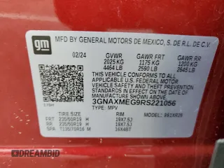 2024 Chevrolet Equinox RS with VIN 3GNAXMEG9RS221056, listed as a Copart auction lot 52902715 with 11,715 mi miles and Salvage Title. Bid and sale history available at DreamBid. Image 13.