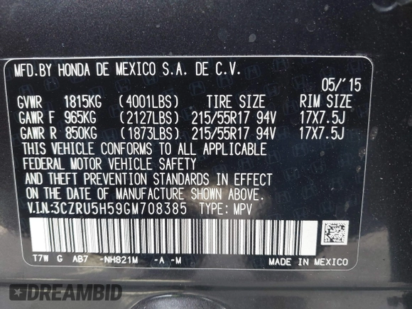 2016 Honda HR-V EX with VIN 3CZRU5H59GM708385, listed as a IAAI auction lot 41952297 with 175,351 mi miles and . Bid and sale history available at DreamBid. Image 9.