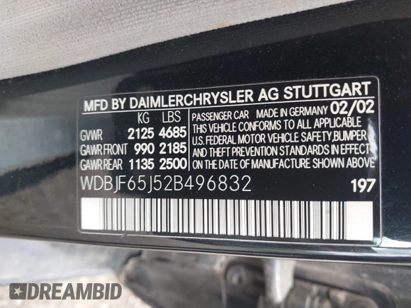 2002 Mercedes-Benz E-Class with VIN WDBJF65J52B496832, listed as a IAAI auction lot 42202331 with 156,304 mi miles. Bid and sale history available at carsss.com. Image 9.