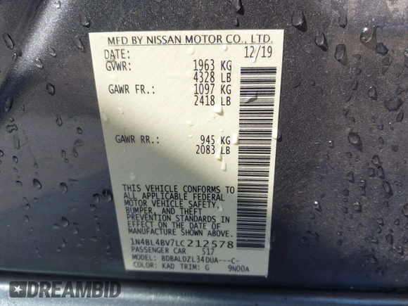 2020 Nissan Altima 2.5 S with VIN 1N4BL4BV7LC212578, listed as a IAAI auction lot 41790444 with 128,849 mi miles. Bid and sale history available at carsss.com. Image 9.