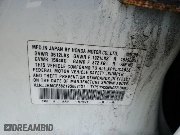 2009 Honda Fit with VIN JHMGE88219S067131, listed as a Copart auction lot 48494415 with 152,756 mi miles and Clean Title. Bid and sale history available at carsss.com. Image 12.