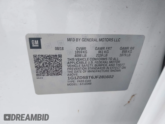 2018 Chevrolet Malibu LT with VIN 1G1ZD5ST6JF281602, listed as a IAAI auction lot 42159979 with 75,305 mi miles and . Bid and sale history available at DreamBid. Image 9.