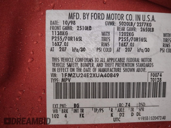 1999 Ford Explorer z VIN 1FMZU24E2XUA40849, wystawiony jako IAAI lot #41250506 z przebiegiem 174 706 mil mil oraz . Historia ofert i sprzedaży dostępna na DreamBid. Obrazek 9.