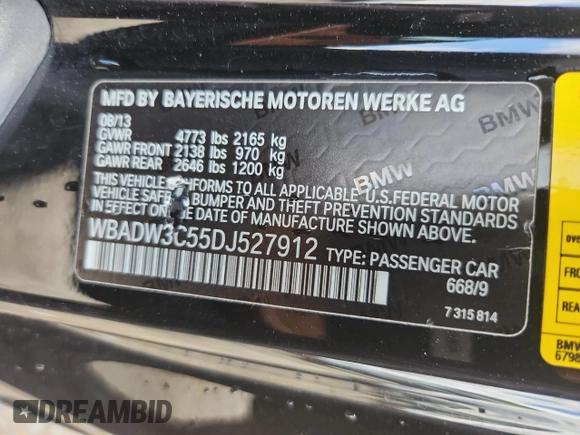 2013 BMW 3 Series 328i with VIN WBADW3C55DJ527912, listed as a Copart auction lot 63317685 with 77,082 mi miles and Salvage title. Bid and sale history available at DreamBid. Image 12.