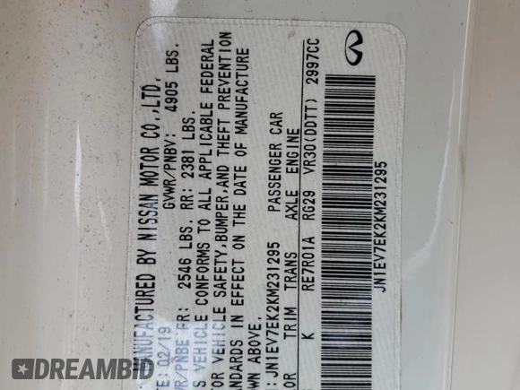 2019 Infiniti Q60 3.0t LUXE with VIN JN1EV7EK2KM231295, listed as a Copart auction lot 45888755 with 36,549 mi miles and Salvage Title. Bid and sale history available at carsss.com. Image 12.