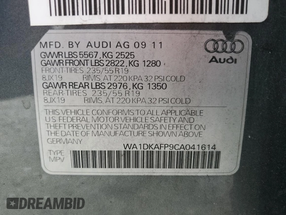2012 Audi Q5 Premium Plus with VIN WA1DKAFP9CA041614, listed as a Copart auction lot 59164855 with 181,456 mi miles and Clean title. Bid and sale history available at DreamBid. Image 13.
