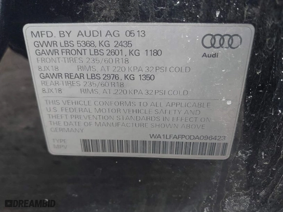 2013 Audi Q5 Premium Plus with VIN WA1LFAFP0DA096423, listed as a IAAI auction lot 41547207 with 148,577 mi miles. Bid and sale history available at carsss.com. Image 9.