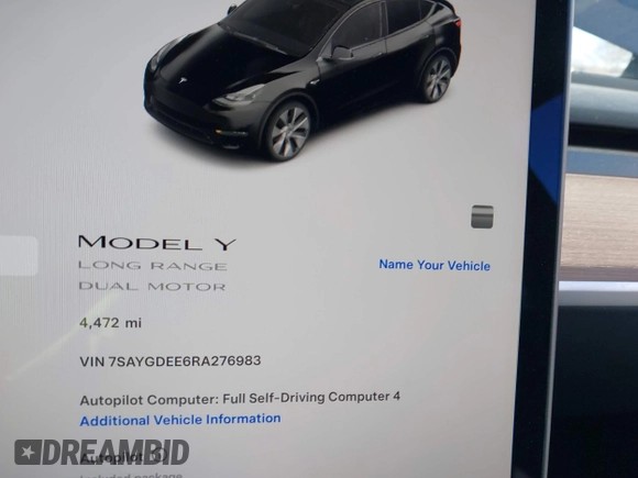 2024 Tesla Model Y Long Range with VIN 7SAYGDEE6RA276983, listed as a IAAI auction lot 41614141 with 4,472 mi miles and . Bid and sale history available at DreamBid. Image 19.