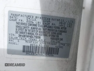 2013 Nissan Sentra S with VIN 3N1AB7AP4DL779336, listed as a IAAI auction lot 42085602 with 141,795 mi miles and . Bid and sale history available at DreamBid. Image 9.
