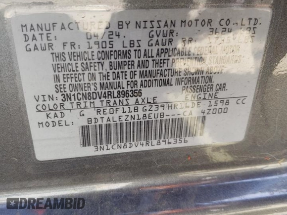 2024 Nissan Versa S with VIN 3N1CN8DV4RL896356, listed as a Copart auction lot 48906475 with 5,831 mi miles and Clean Title. Bid and sale history available at DreamBid. Image 12.