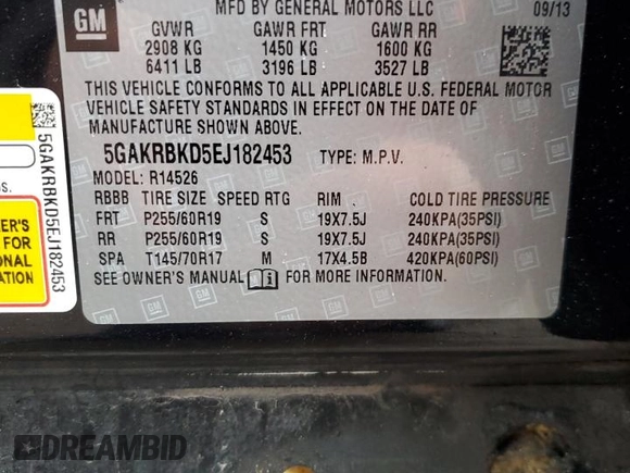 2014 Buick Enclave Leather with VIN 5GAKRBKD5EJ182453, listed as a Copart auction lot 47258225 with 117,424 mi miles and Salvage Title. Bid and sale history available at carsss.com. Image 13.