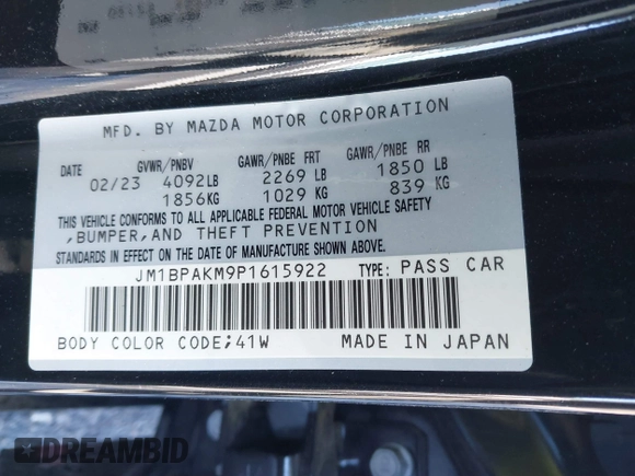 2023 Mazda 3 S Select with VIN JM1BPAKM9P1615922, listed as a IAAI auction lot 41258830 with 7,323 mi miles and . Bid and sale history available at DreamBid. Image 9.