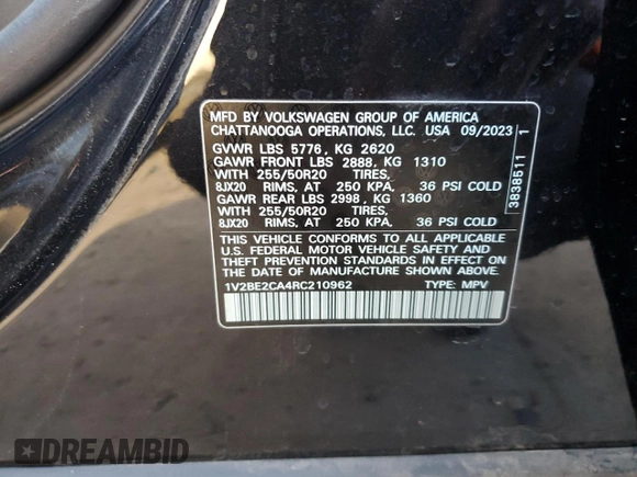 2024 Volkswagen Atlas SEL with VIN 1V2BE2CA4RC210962, listed as a Copart auction lot 46136285 with 13,950 mi miles and Salvage title. Bid and sale history available at DreamBid. Image 14.