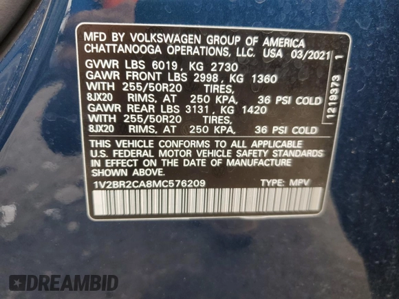 2021 Volkswagen Atlas SEL with VIN 1V2BR2CA8MC576209, listed as a Copart auction lot 57520615 with 63,575 mi miles and Salvage title. Bid and sale history available at DreamBid. Image 13.