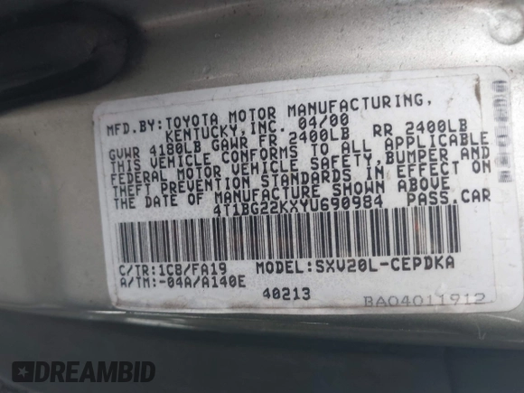2000 Toyota Camry CE z VIN 4T1BG22KXYU690984, wystawiony jako IAAI lot #42222118 z przebiegiem 292 017 mil mil oraz . Historia ofert i sprzedaży dostępna na DreamBid. Obrazek 9.