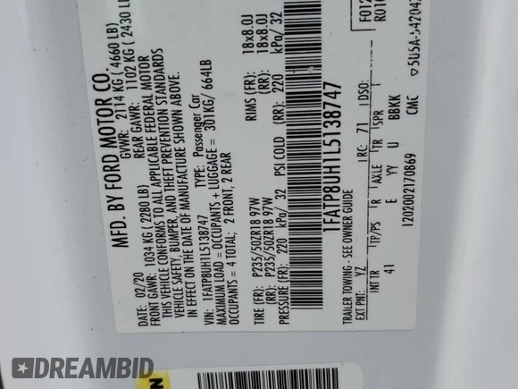 2020 Ford Mustang EcoBoost z VIN 1FATP8UH1L5138747, wystawiony jako Copart lot #88899115 z przebiegiem Nie podano mil oraz Nie do naprawy • Non repairable. Historia ofert i sprzedaży dostępna na DreamBid. Obrazek 15.