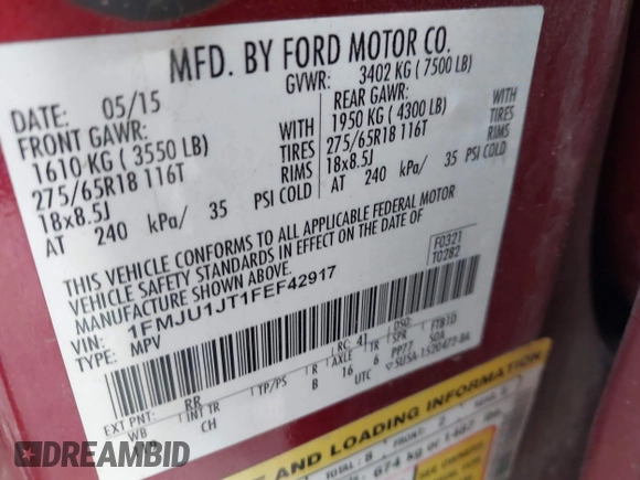 2015 Ford Expedition XLT с VIN 1FMJU1JT1FEF42917, выставлен на аукционе IAAI как лот 42294327 с пробегом 222 910 миль миль и . История ставок и продаж доступна на DreamBid. Изображение 9.