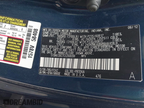 2012 Toyota Sienna LE AAS с VIN 5TDKK3DC7CS268098, выставлен на аукционе IAAI как лот 42451544 с пробегом 265 316 миль миль и . История ставок и продаж доступна на DreamBid. Изображение 9.