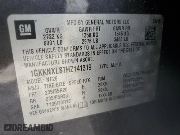 2017 GMC Acadia Denali with VIN 1GKKNXLS7HZ141319, listed as a Copart auction lot 57522445 with 207,427 mi miles and Salvage title. Bid and sale history available at DreamBid. Image 13.