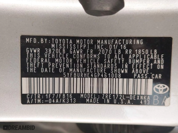2016 Toyota Corolla L with VIN 5YFBURHE4GP461008, listed as a IAAI auction lot 41626548 with 140,708 mi miles. Bid and sale history available at carsss.com. Image 9.
