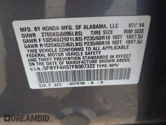 2015 Honda Pilot EX-L with VIN 5FNYF4H57FB007322, listed as a IAAI auction lot 41937314 with 298,739 mi miles and . Bid and sale history available at carsss.com. Image 9.