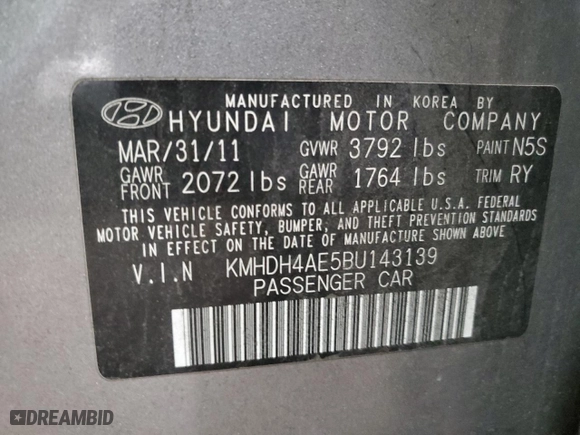 2011 Hyundai Elantra Ltd with VIN KMHDH4AE5BU143139, listed as a Copart auction lot 48597565 with 113,020 mi miles and Salvage Title. Bid and sale history available at carsss.com. Image 14.