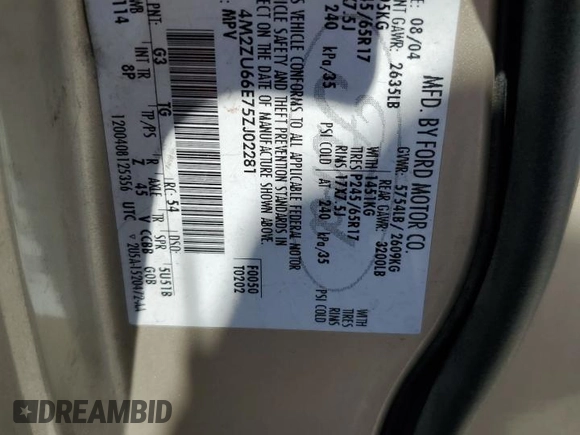2005 Mercury Mountaineer Convenience with VIN 4M2ZU66E75ZJ02281, listed as a Copart auction lot 56098994 with 209,654 mi miles and Salvage title. Bid and sale history available at DreamBid. Image 12.