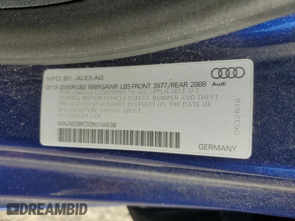 2013 Audi S7 with VIN WAUW2BFC5DN104538, listed as a Copart auction lot 48517225 with 148,975 mi miles and Salvage Title. Bid and sale history available at carsss.com. Image 12.