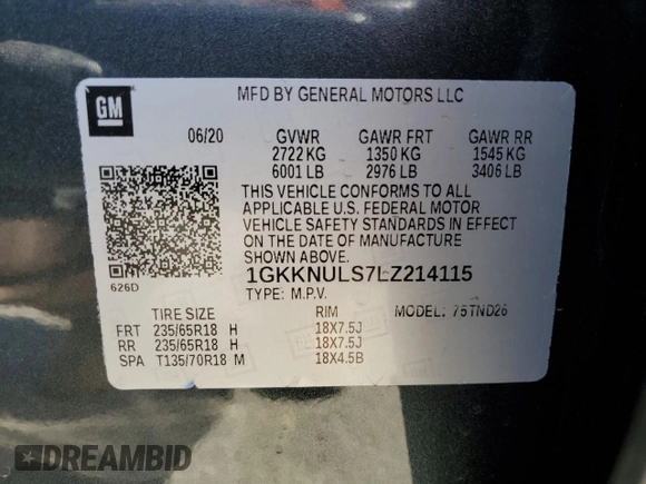 2020 GMC Acadia SLT z VIN 1GKKNULS7LZ214115, wystawiony jako Copart lot #54051405 z przebiegiem 56 588 mil mil oraz Szkoda całkowita • Salvage title. Historia ofert i sprzedaży dostępna na DreamBid. Obrazek 13.