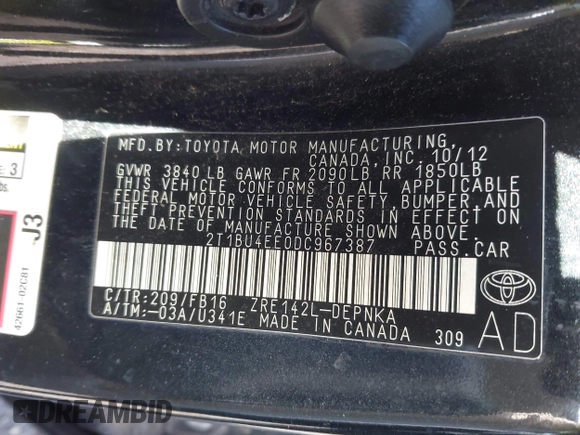 2013 Toyota Corolla L with VIN 2T1BU4EE0DC967387, listed as a IAAI auction lot 42142298 with Not Provided miles. Bid and sale history available at carsss.com. Image 9.