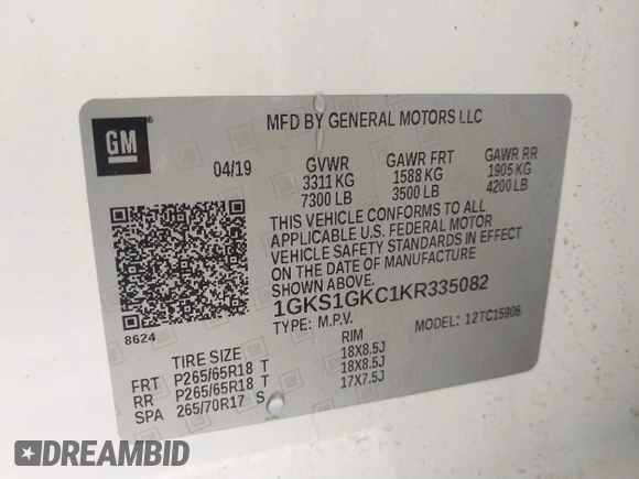 2019 GMC Yukon XL SLT with VIN 1GKS1GKC1KR335082, listed as a IAAI auction lot 41652504 with 135,824 mi miles. Bid and sale history available at carsss.com. Image 9.