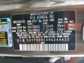 2022 Kia Telluride S with VIN 5XYP6DHCXNG244422, listed as a Copart auction lot 55482305 with 91,541 mi miles and Salvage Title. Bid and sale history available at DreamBid. Image 13.