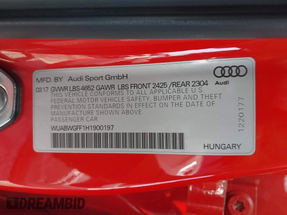 2017 Audi RS 3 с VIN WUABWGFF1H1900197, выставлен на аукционе IAAI как лот 41493934 с пробегом 24 017 миль миль и . История ставок и продаж доступна на DreamBid. Изображение 9.